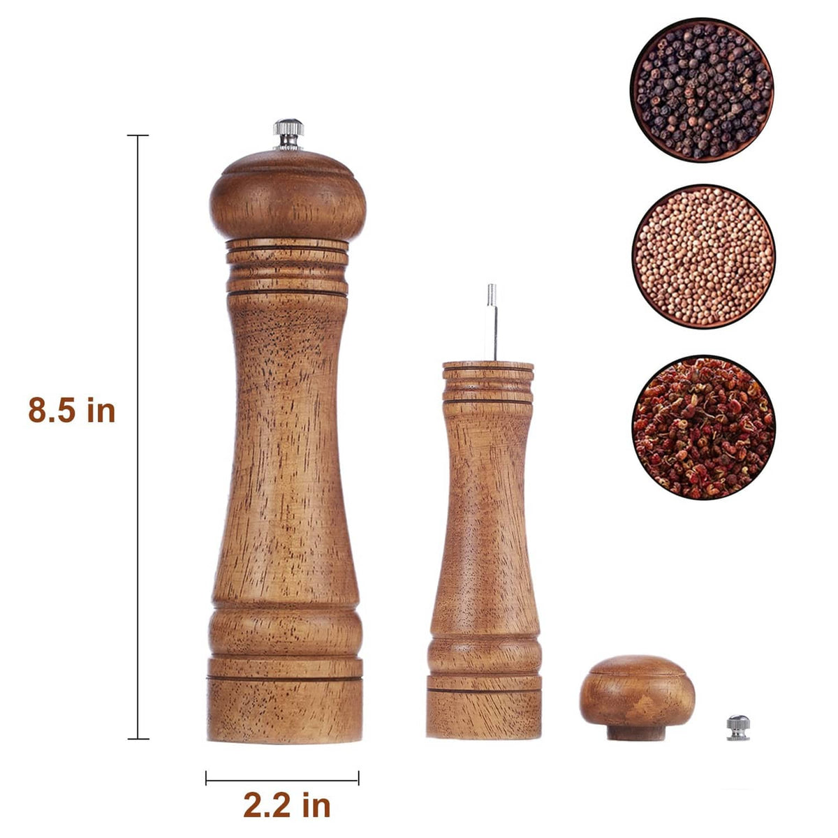 Wood pepper grinder set with top knob and spare cap; shows two mill sizes