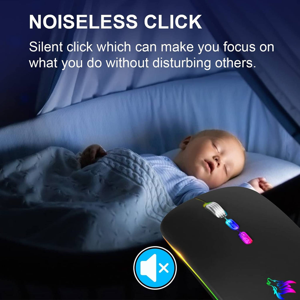 Dark wireless gaming mouse with colorful RGB LED light strip and lit scroll wheel