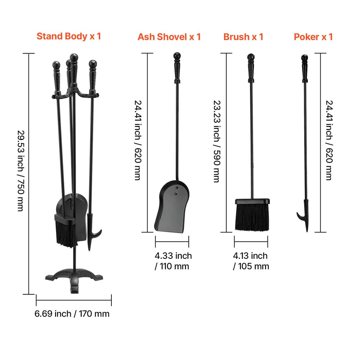Black fireplace tool set on stand with poker, tongs, ash shovel, and brush measurements.