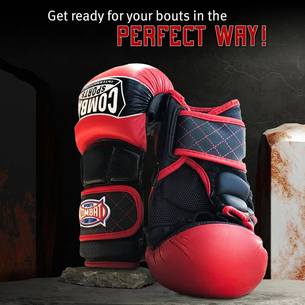 Red, black, and blue fingerless boxing gloves with lace-up style wrist support