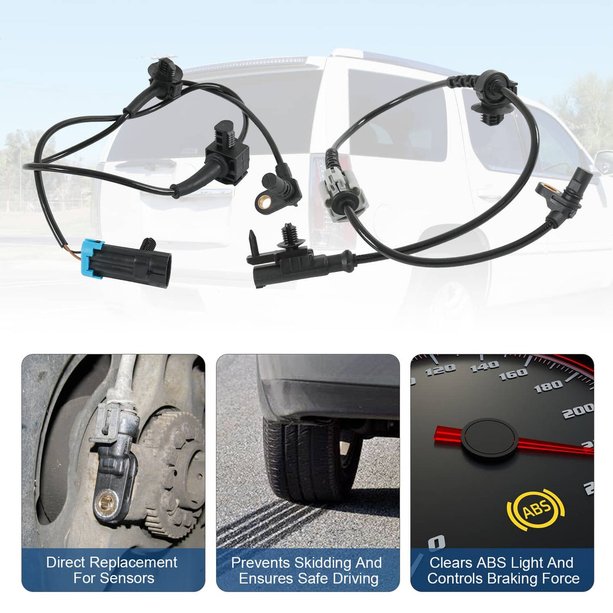 ABS wheel speed sensor wiring harness set with sensors and blue connector ends