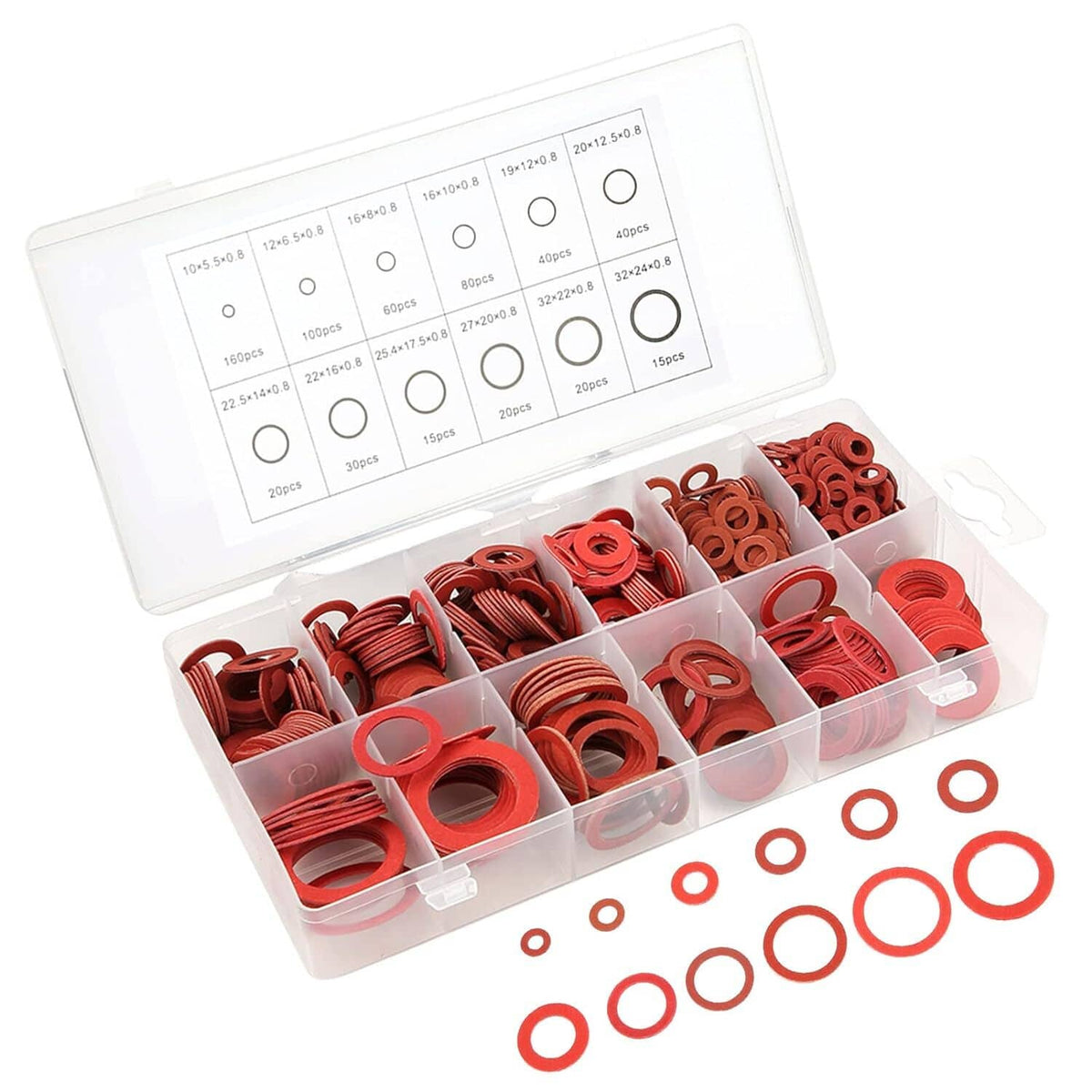 Red washer set with size chart card over clear box and red ring washers