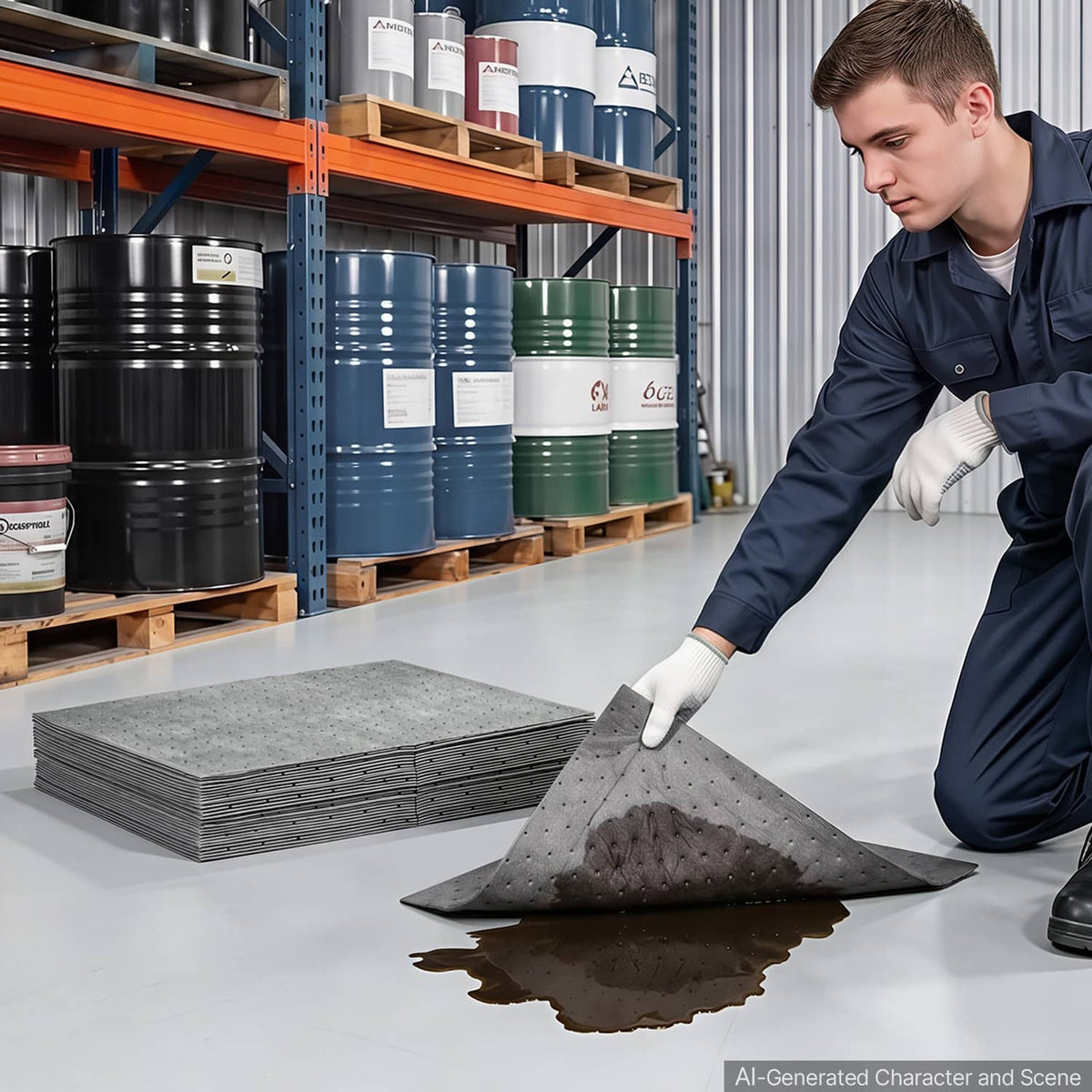 Gray absorbent cleanup pad laid flat on the floor, with uniform dotted surface