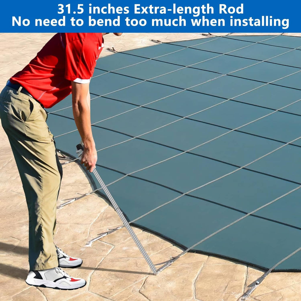 Long silver pool cover installation rod with black grip for anchoring cover