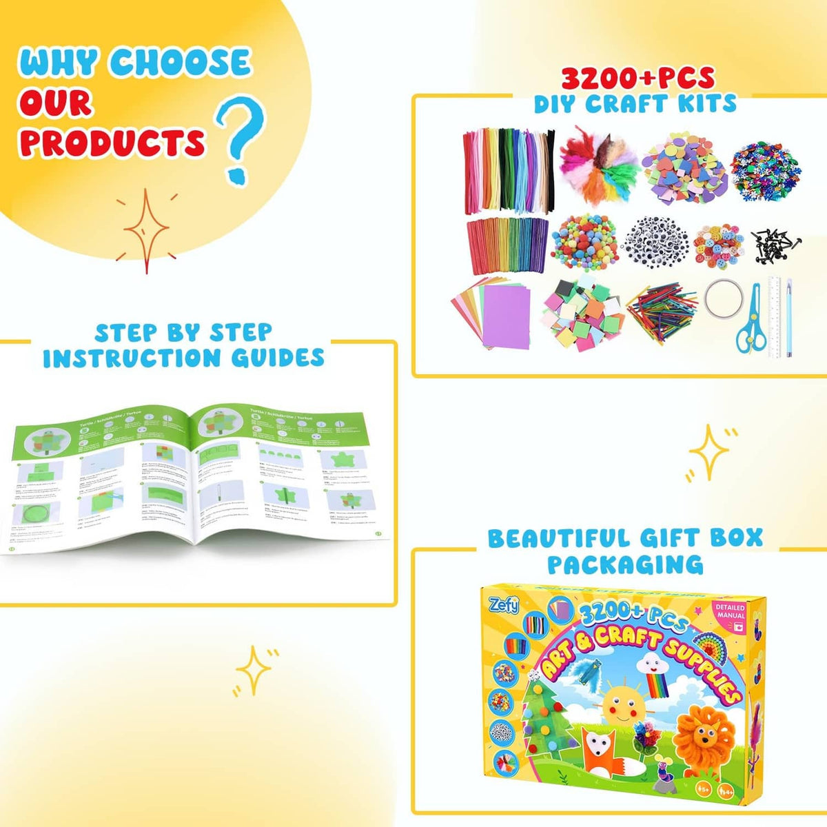 Kids craft kit gift box with 3200-piece contents and instruction guides