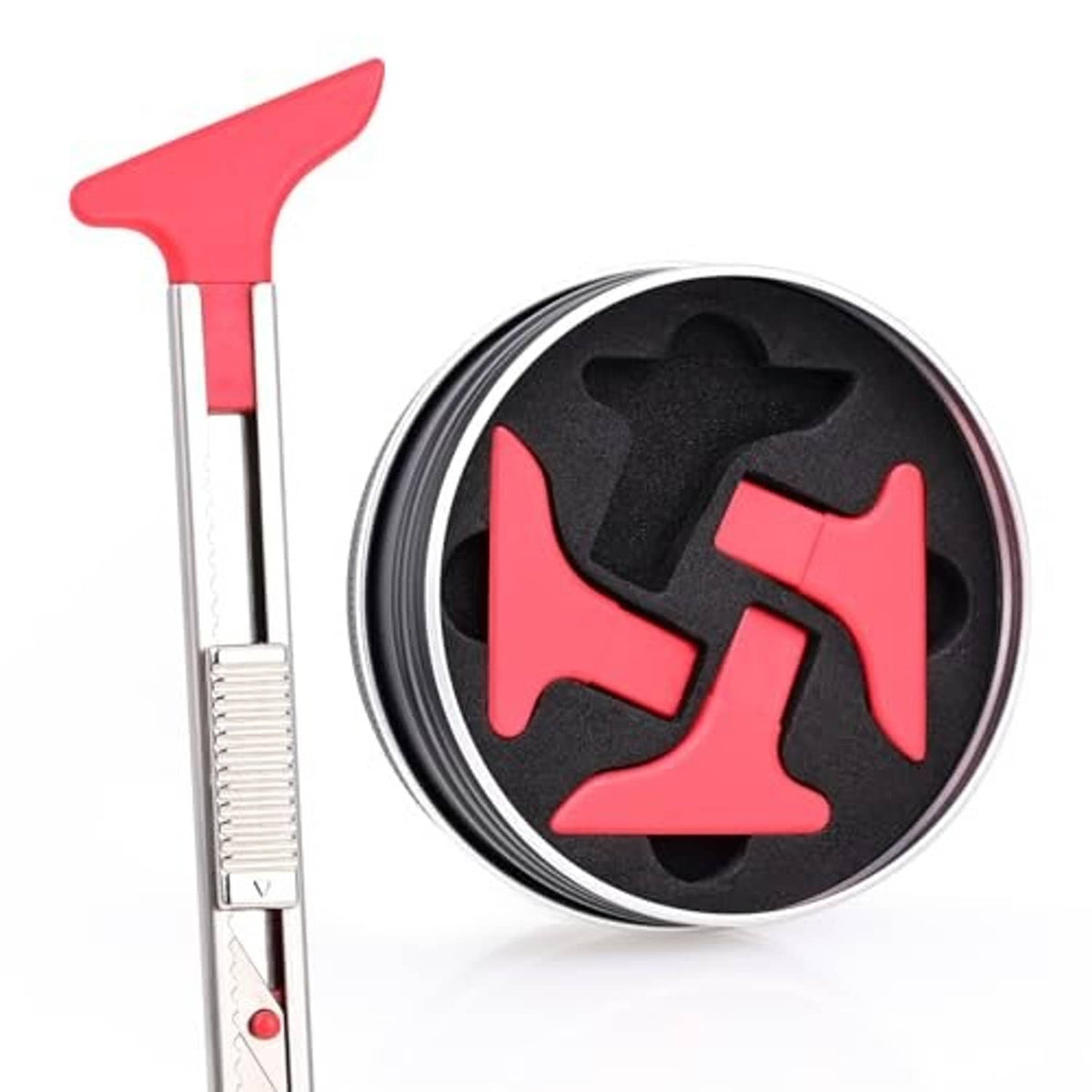 Vinyl wrap knife tucker tool with red head and round black storage case