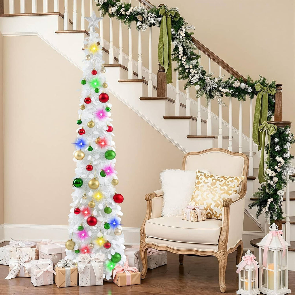 White pop-up Christmas tree with star topper, multicolor LED lights, and colorful ornaments