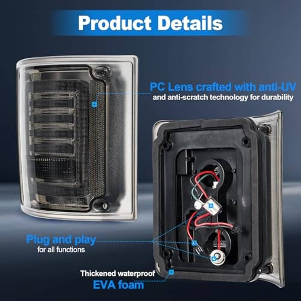 Smoked-lens tail light assembly with black rear housing and visible wiring harness