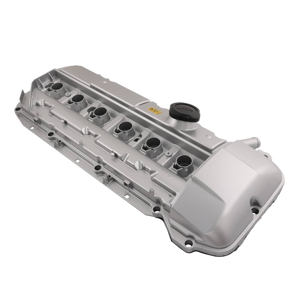Aluminum engine valve cover, silver-gray with multiple port openings and oil cap