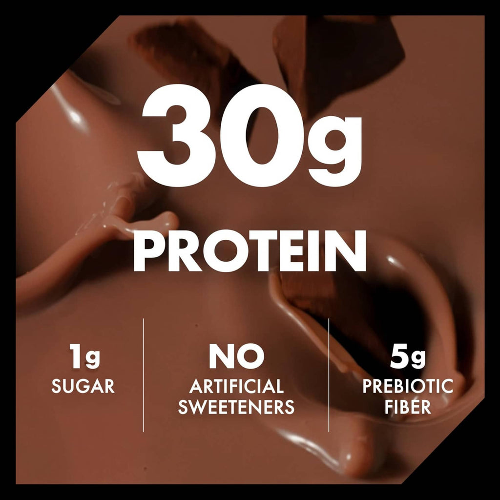 Oikos 30g protein claim label, 1g sugar, no artificial sweeteners, 5g prebiotic fiber
