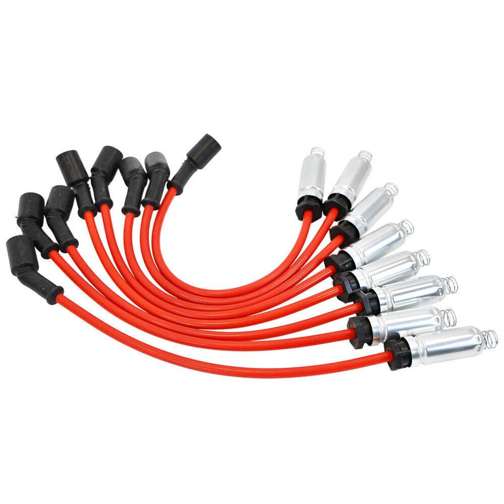 Red ignition wire harness with black caps and silver spark plug boots in a bundle