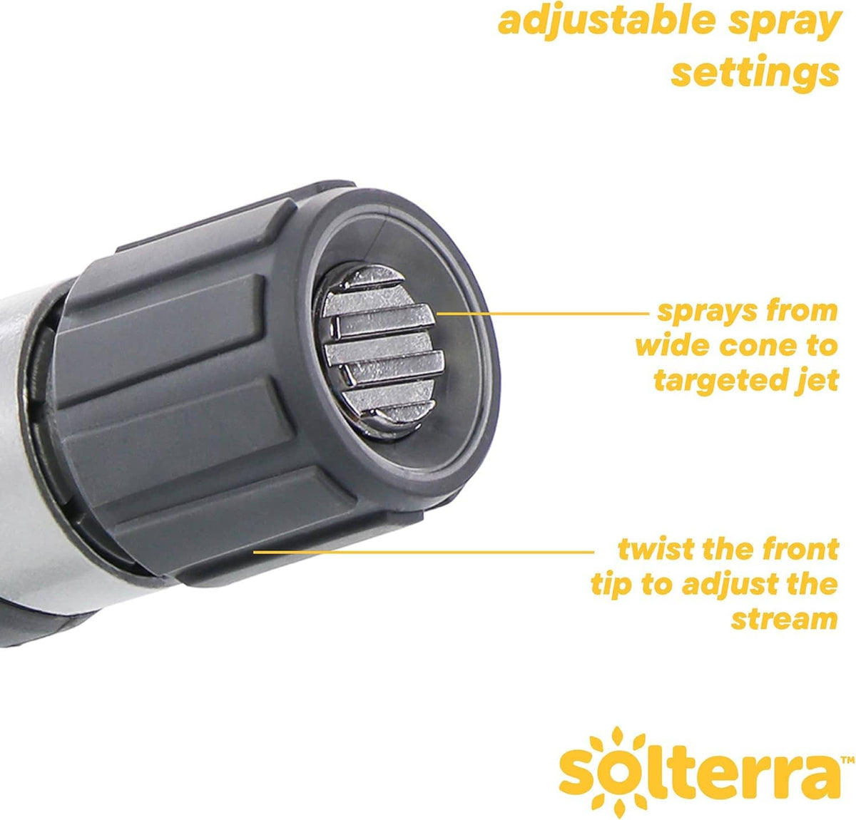 Adjustable garden hose nozzle head with rotating spray pattern dial and thumb control