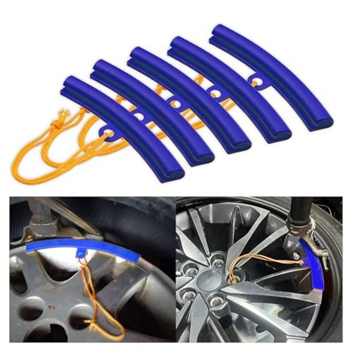 Five blue wheel rim protectors with orange cords, shown in a row