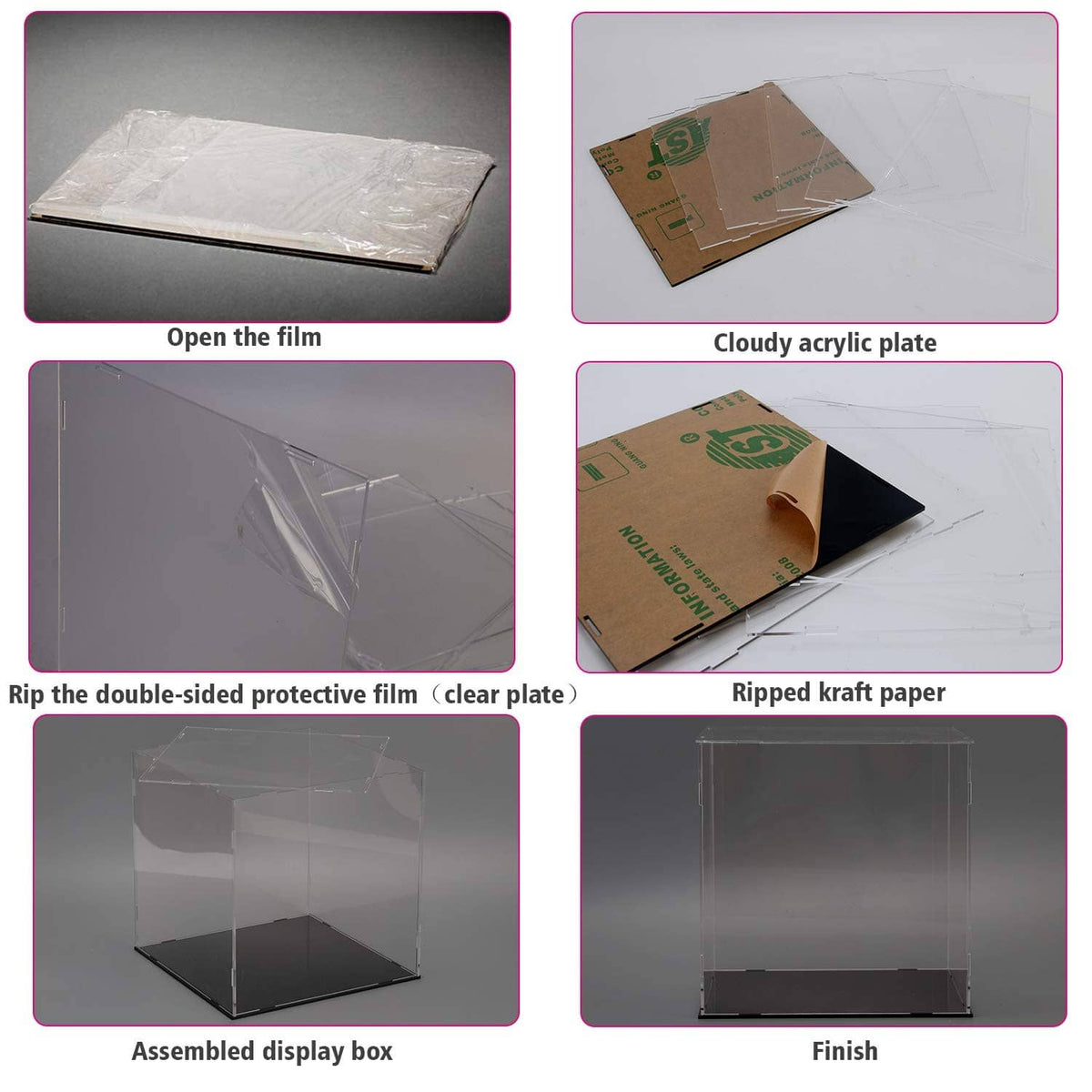 Acrylic display case with protective film and cloudy clear plate