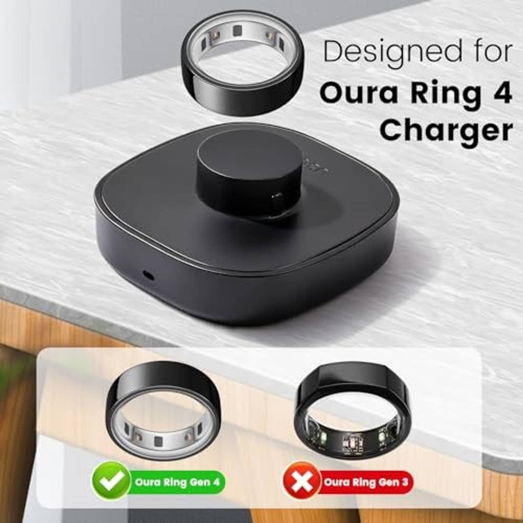 Black smart ring charging stand with circular cradle and charging contact
