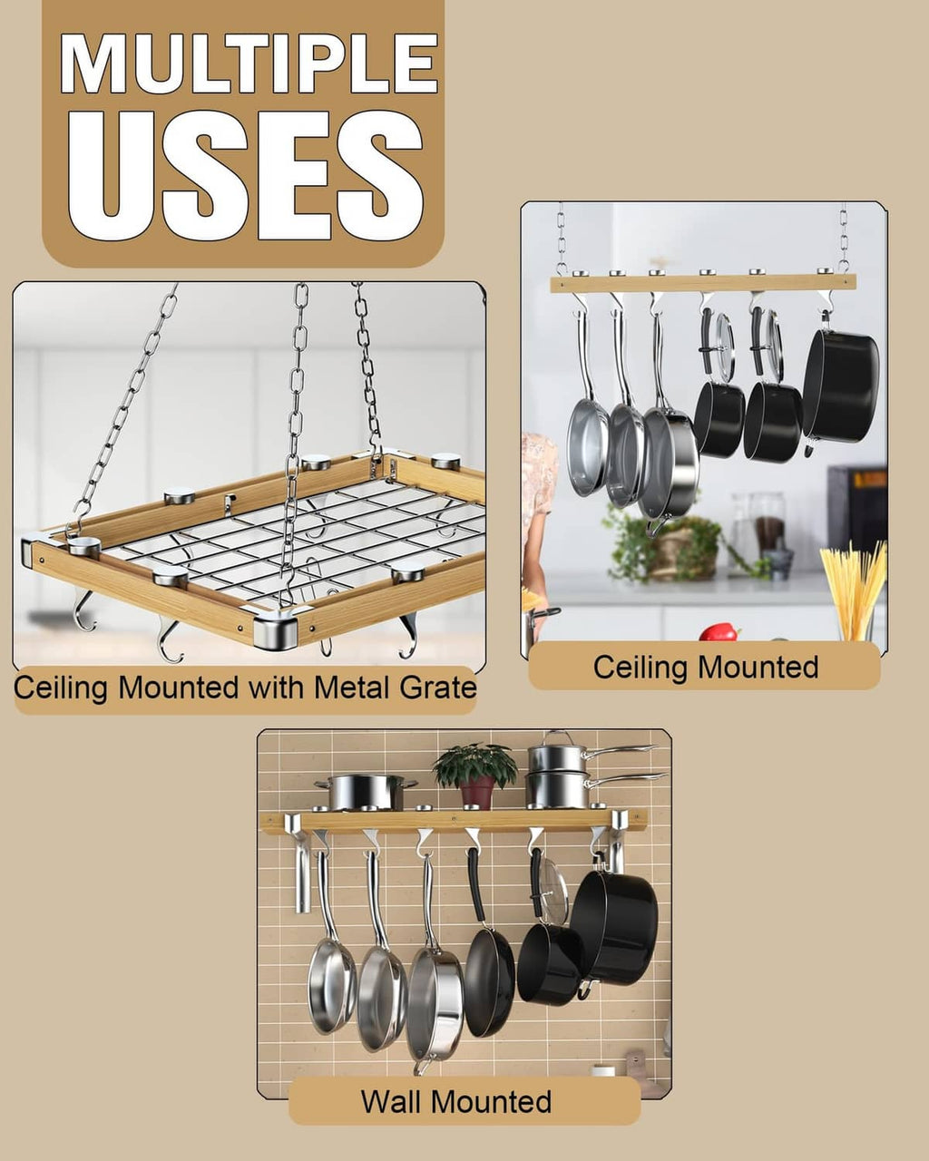 Aluminum pot rack hooks for ceiling or wall hanging, shown with multiple cookware