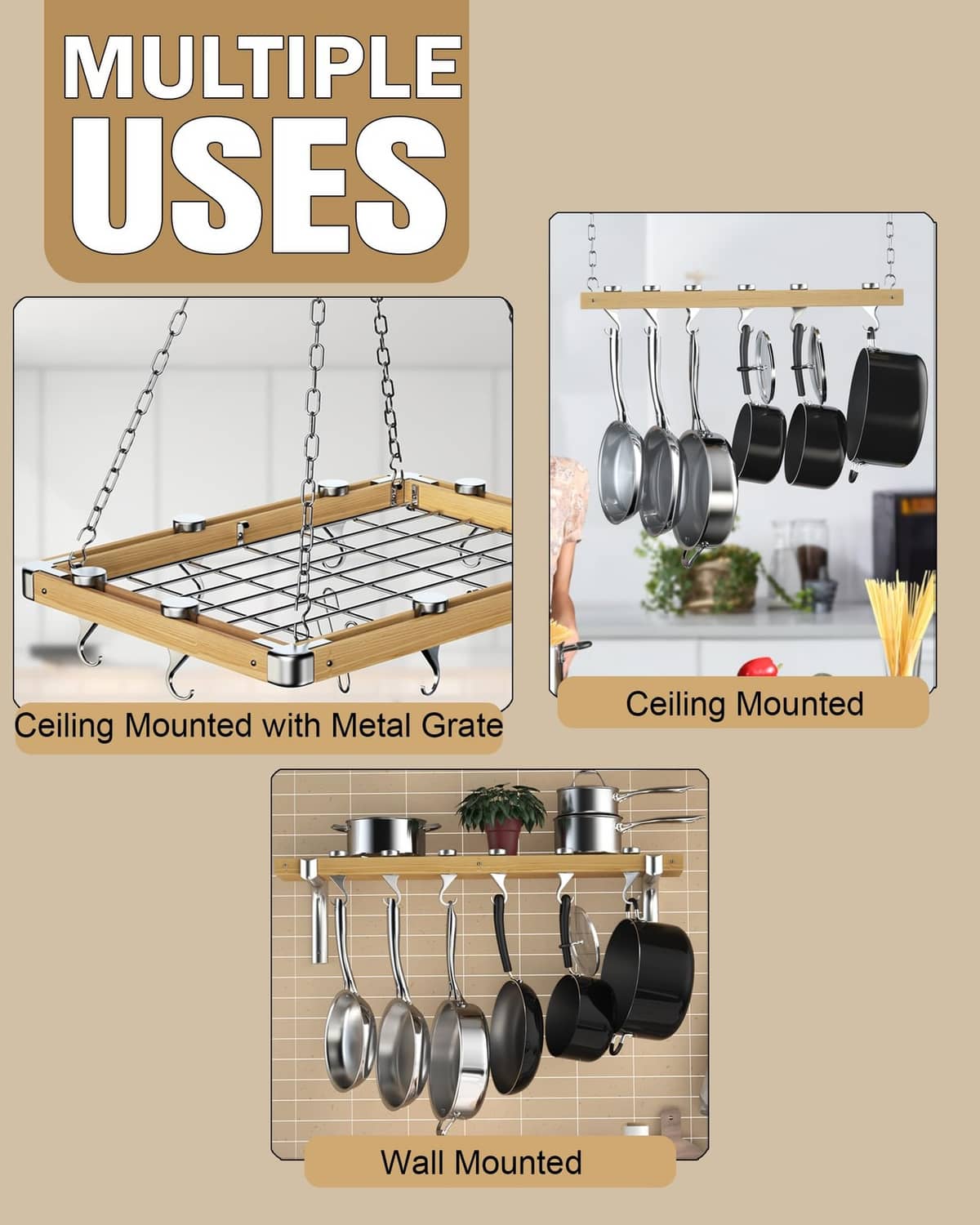 Aluminum pot rack hooks for ceiling or wall hanging, shown with multiple cookware