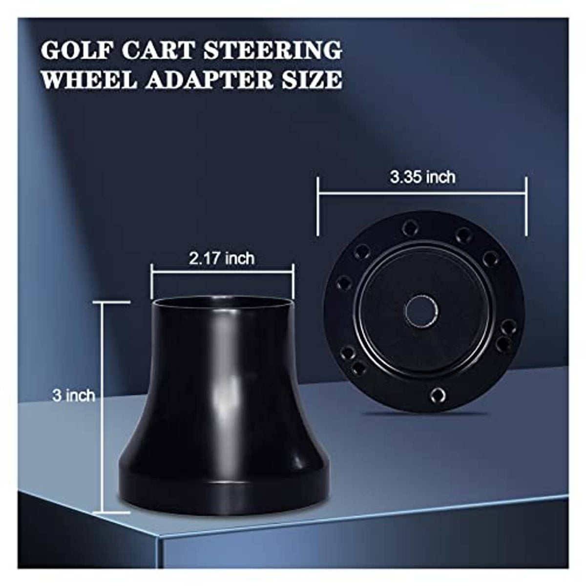 Black steering wheel adapter size diagram with base and bolt-ring measurements