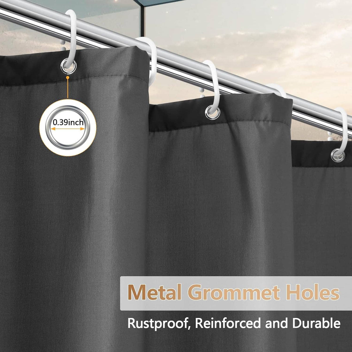 Charcoal gray shower curtain liner with reinforced metal grommet holes