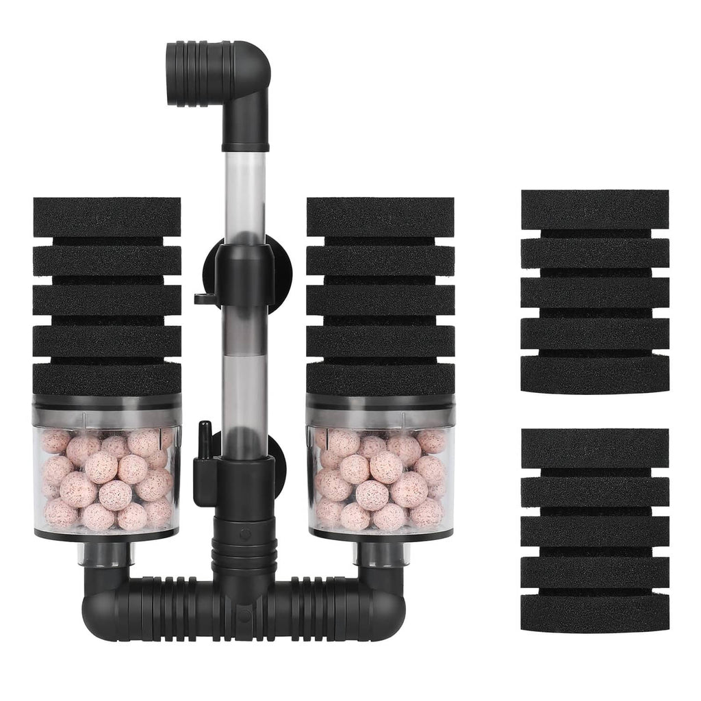 Aquarium air sponge filter with ceramic media balls, black tubing and clear body