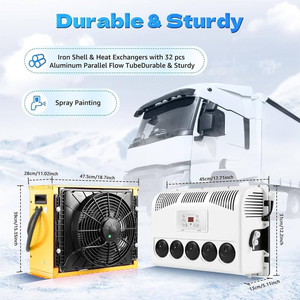 Split air conditioner outdoor yellow fan unit and white indoor unit with display and outlets