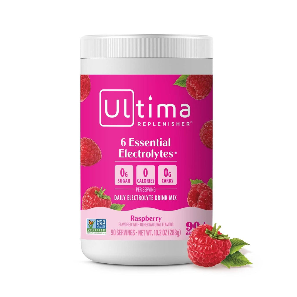 Raspberry electrolyte drink mix tub with white lid, 90 servings.