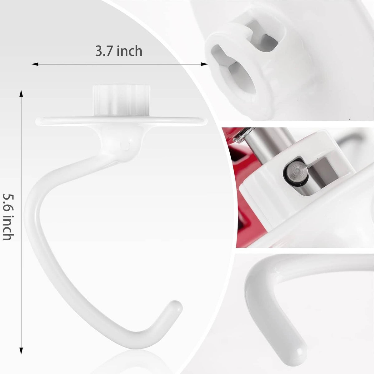 White coated dough hook attachment, 5.6 in length with 3.7 in width
