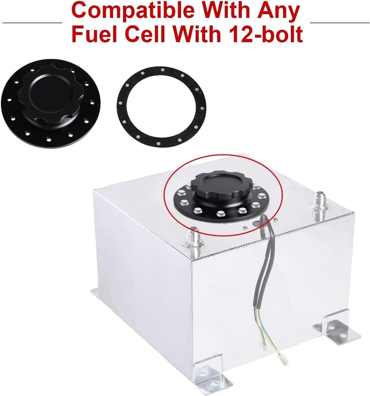 Black fuel cell cap and gasket rings with bolt-hole flange for 12-bolt fit