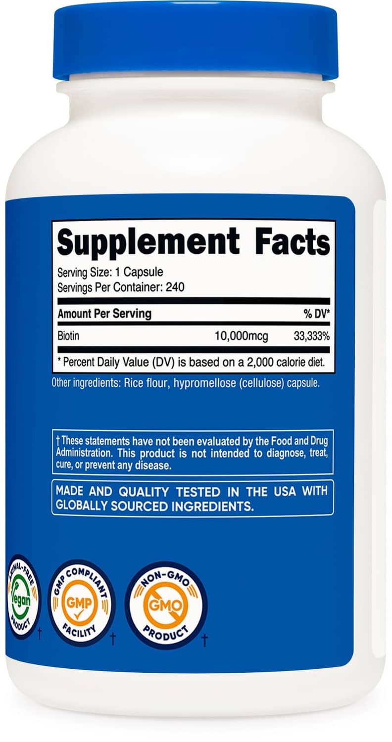 Biotin supplement bottle with Supplement Facts panel and quality assurance badges
