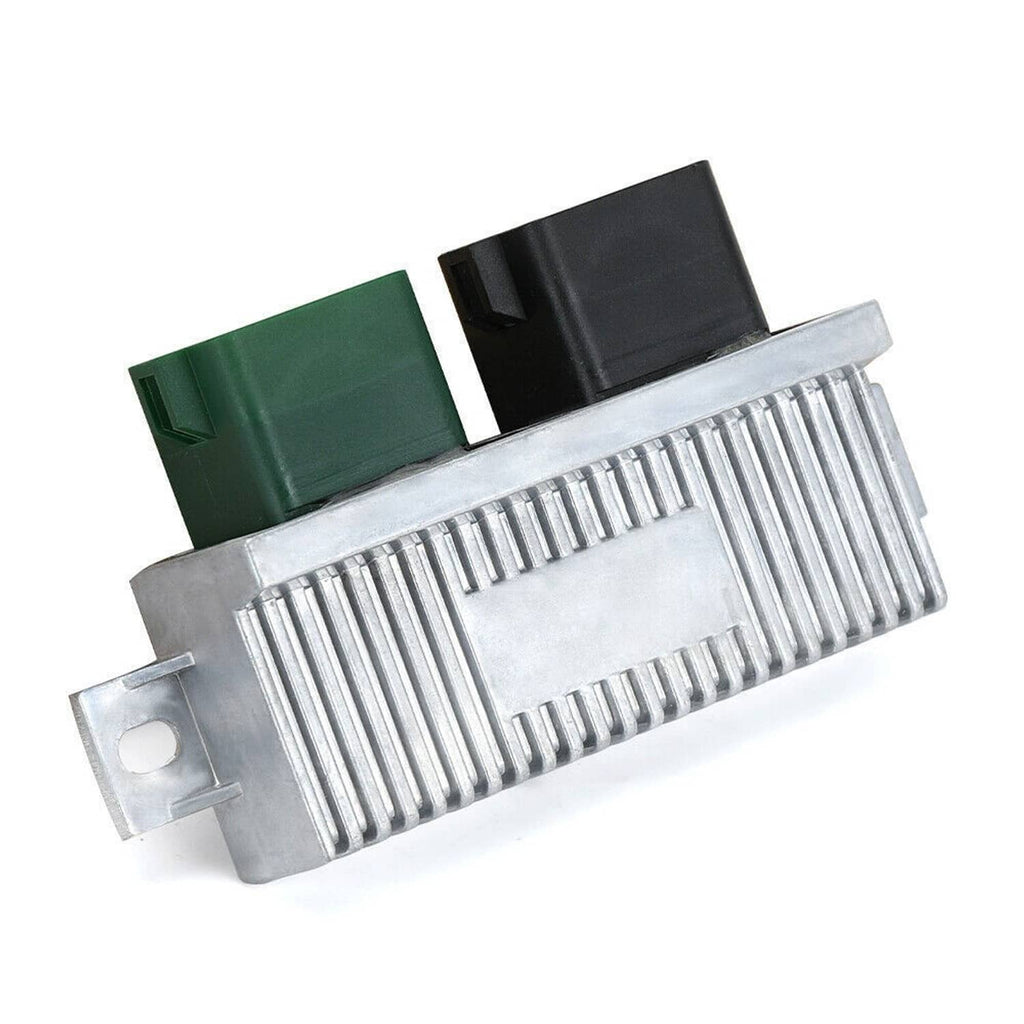 Glow plug control relay module angled view with green and black connector ends and metal fins