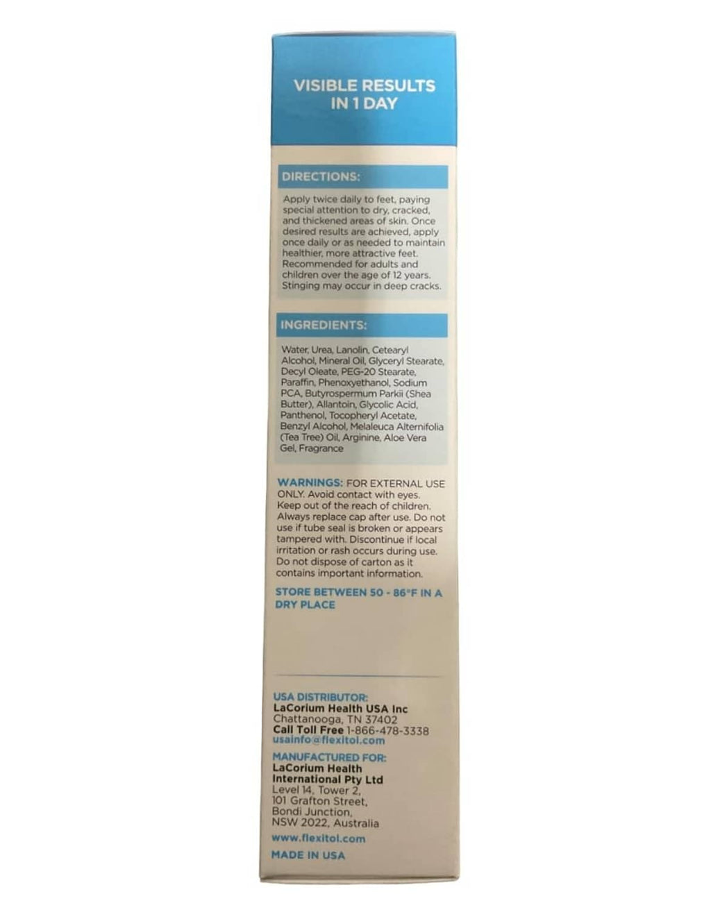 Flexitol Heel Balm product box back panel with directions and ingredient text