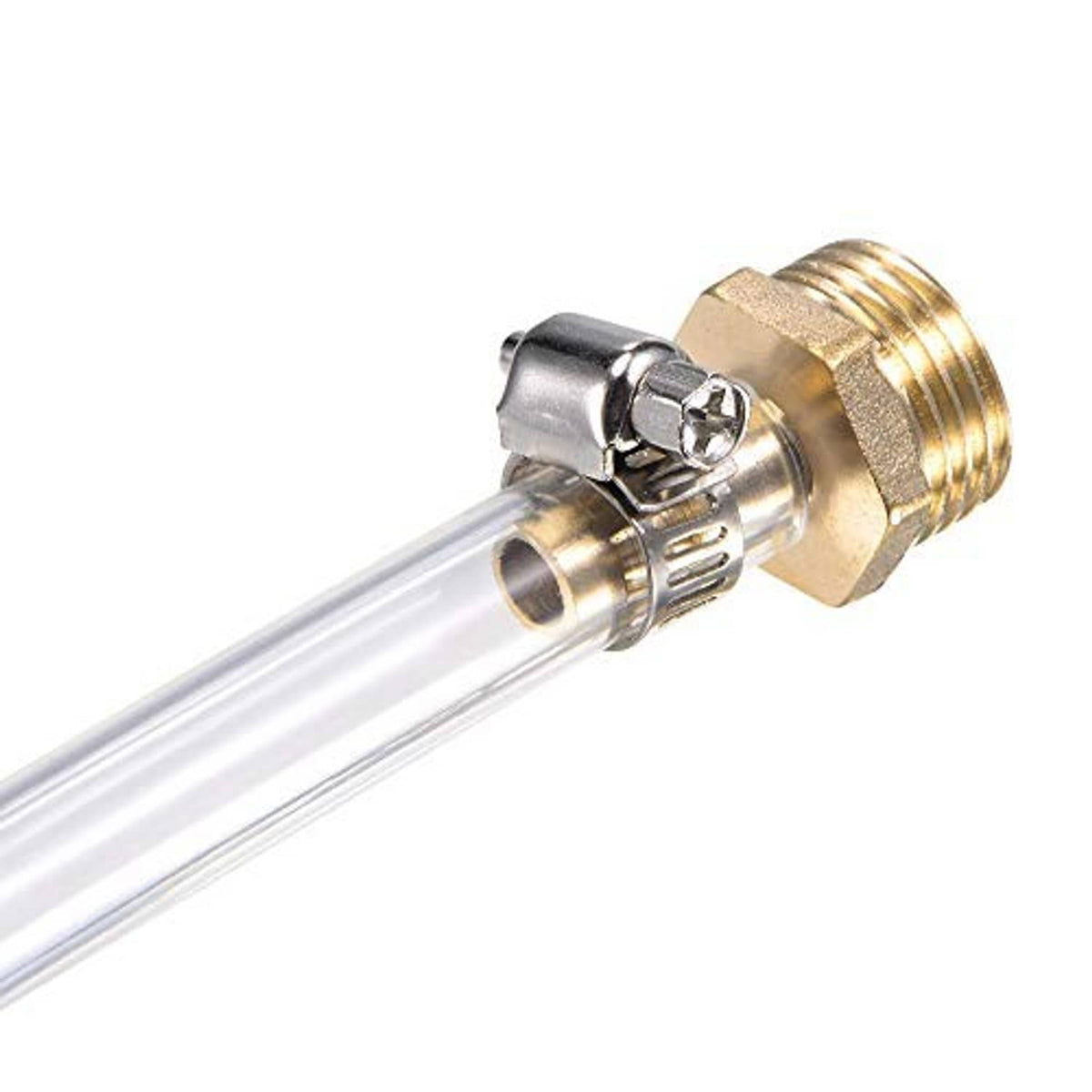 Brass straight hose barb fitting connected to clear hose, G1/2 male thread, 12mm
