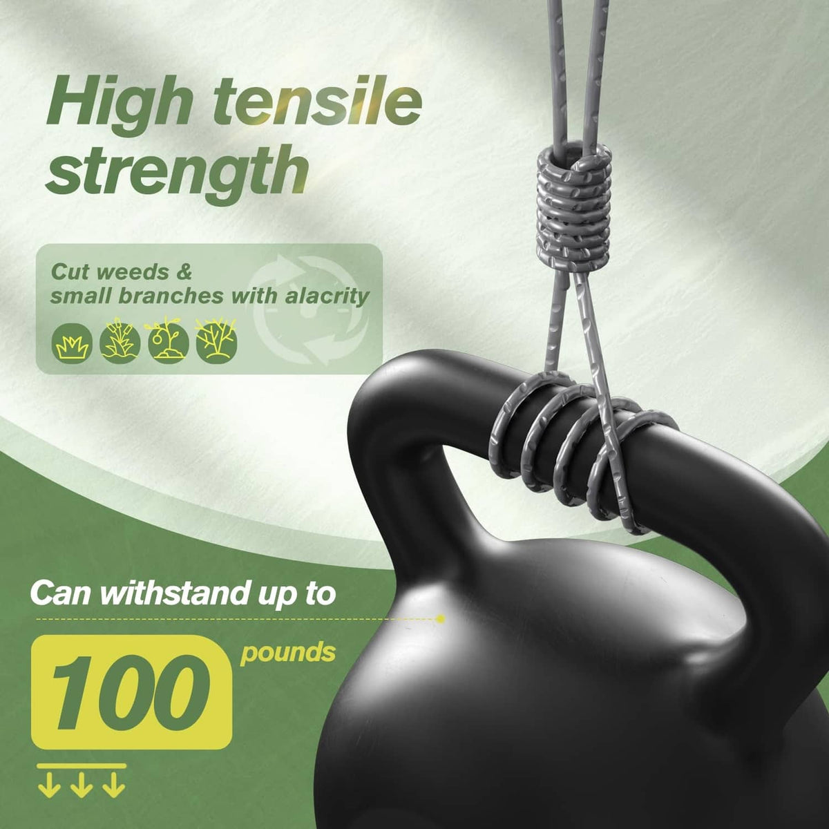 High-strength weed trimmer line graphic with curved black cord