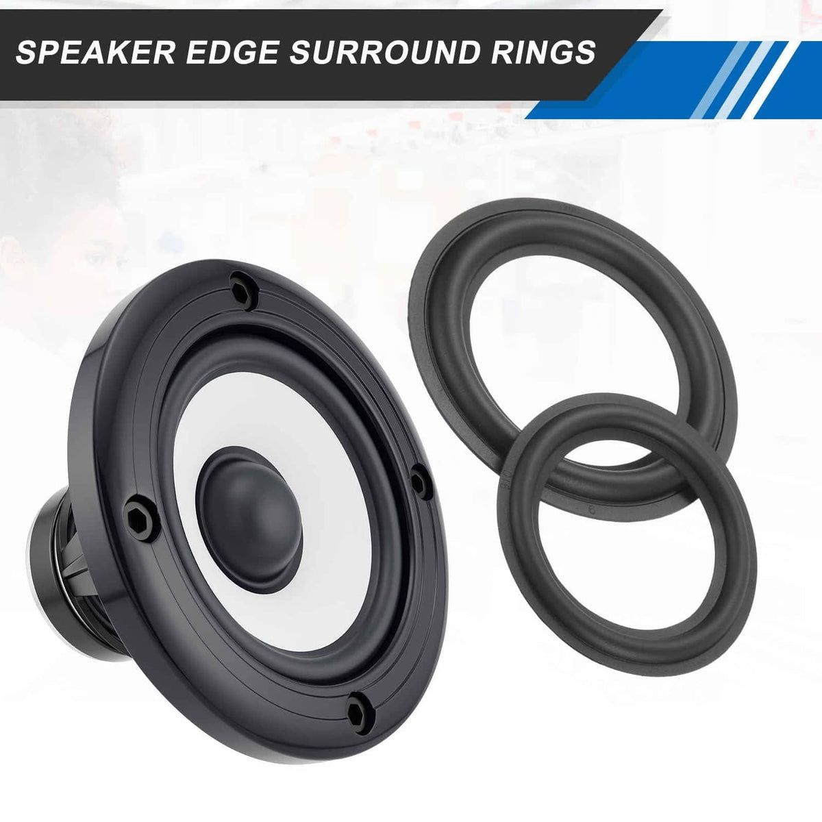 Rubber speaker edge surround rings set with black speaker driver and two loops