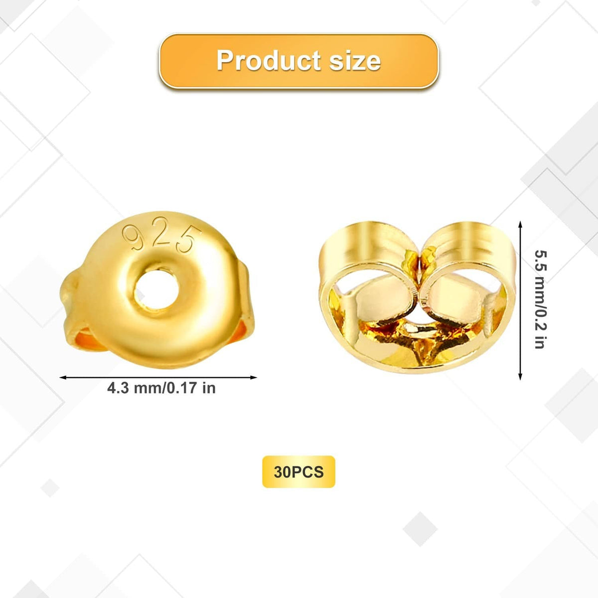 Gold butterfly earring backs with product size diagram