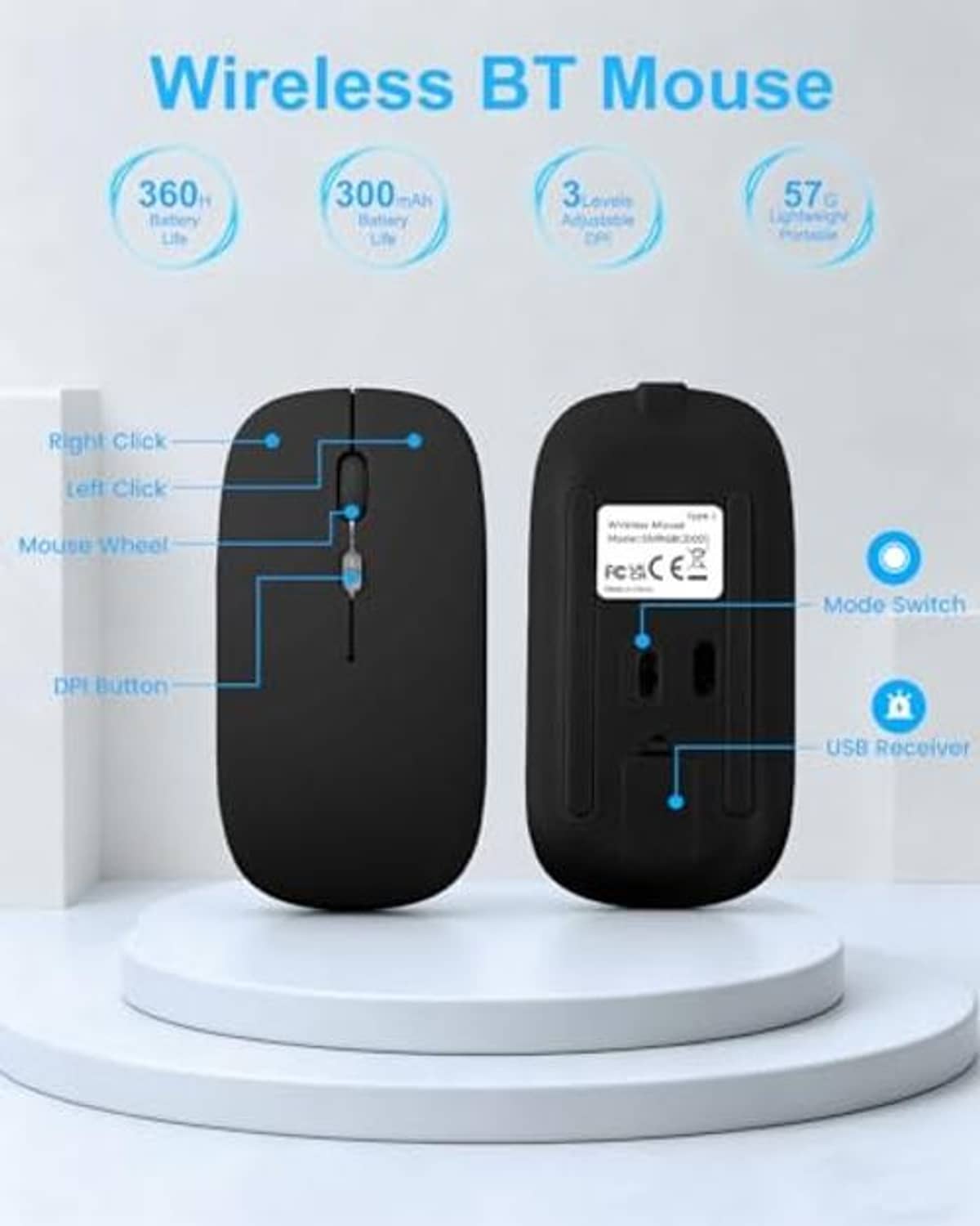 Wireless BT mouse with scroll wheel and mode switch shown