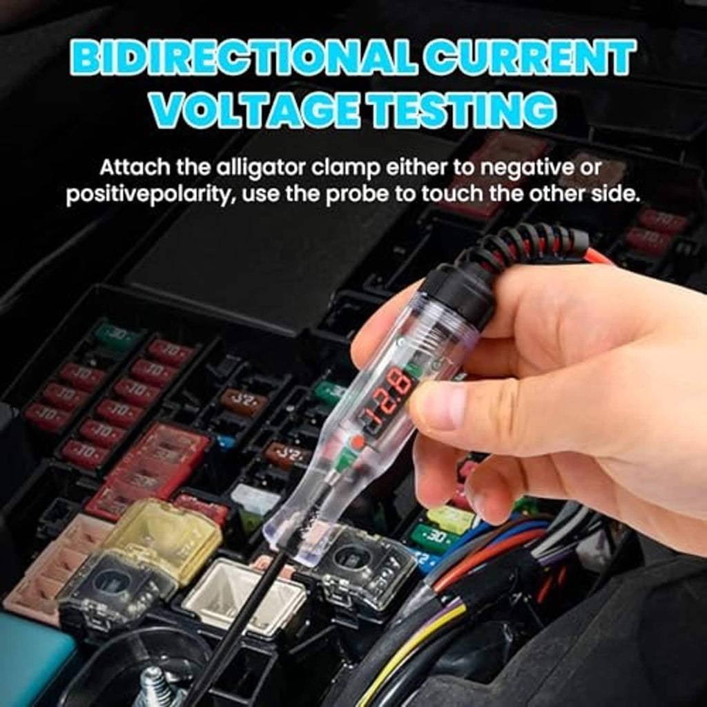 Hand using LED automotive voltage tester on vehicle fuse box, probe touching terminals