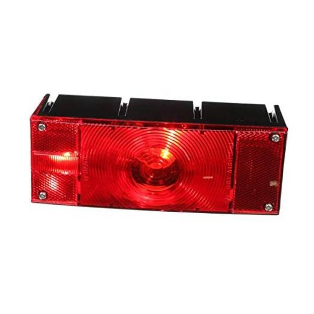 Red rectangular tail light with black top housing and four metal mounting tabs