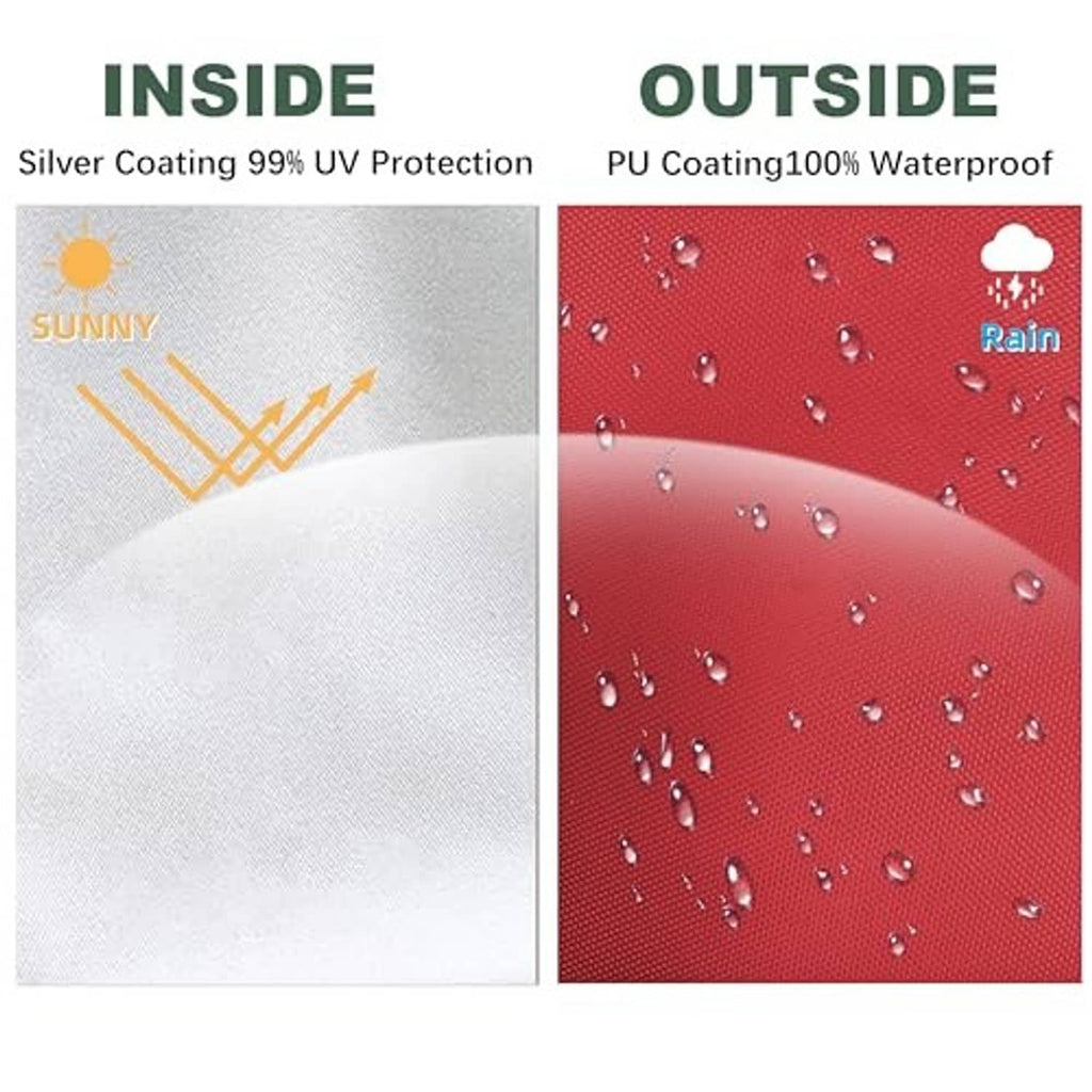 Red and silver canopy fabric panels showing waterproof outer and UV-protective coating
