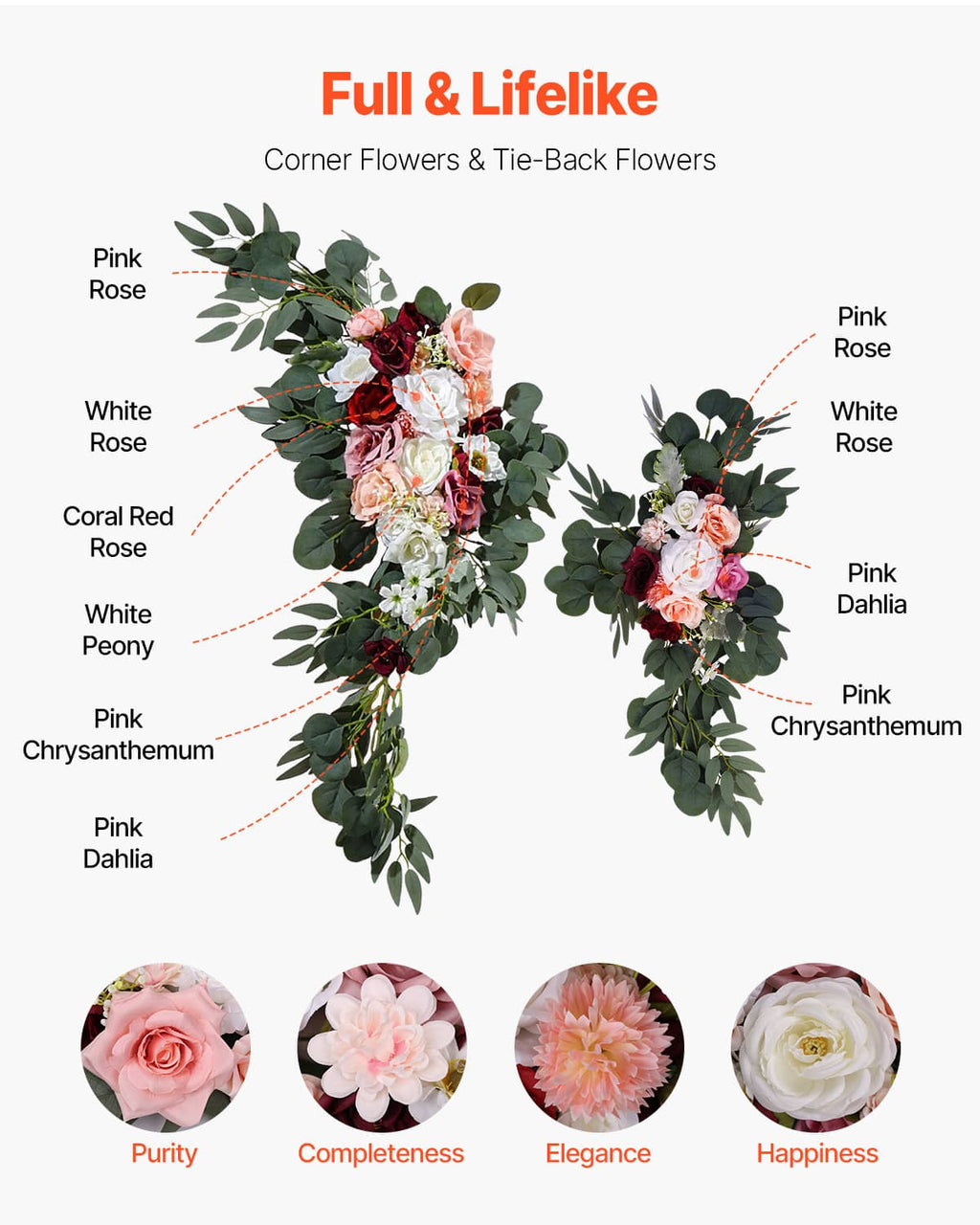 Faux wedding arch corner flower set with pink, rose, white, and coral options
