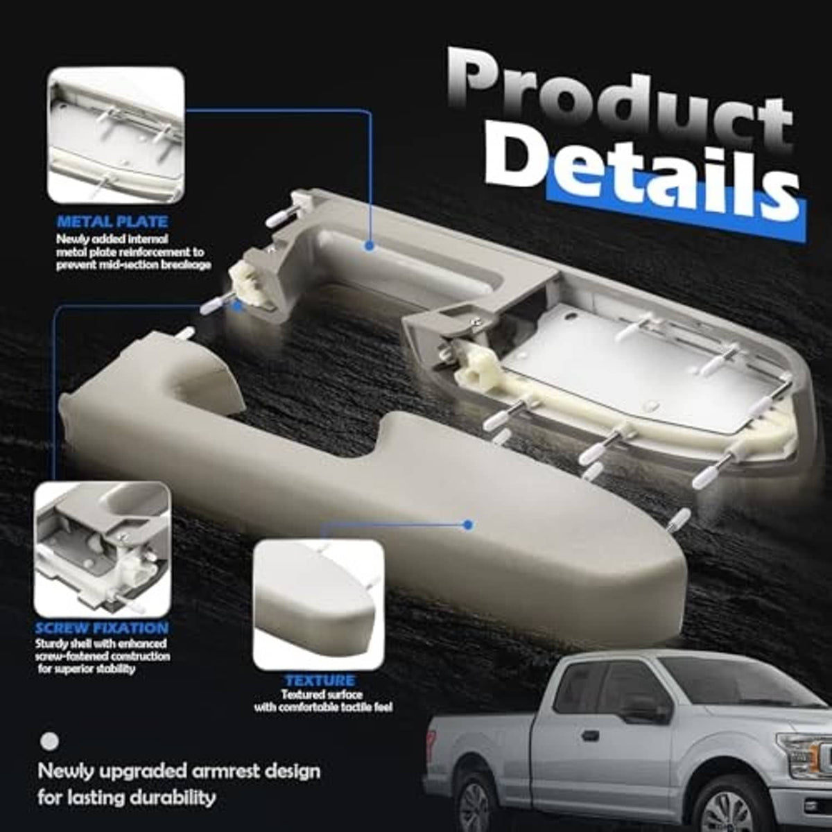 Gray armrest repair kit with metal plate reinforcement and screw-fixing points diagram