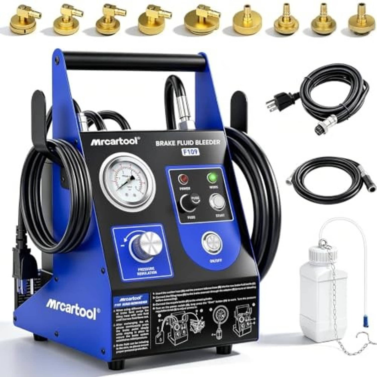 Blue brake fluid bleeder unit with control panel, black hoses, and multiple gold adapters