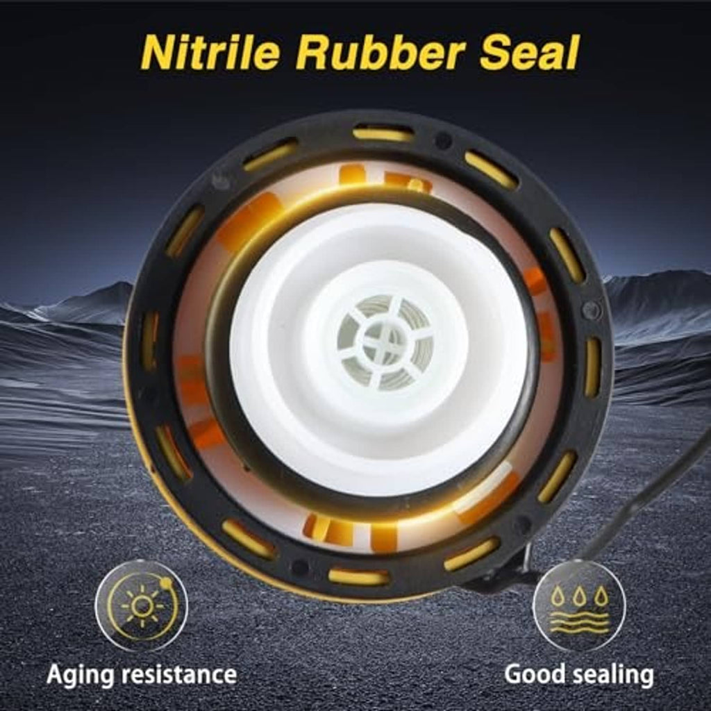 Fuel filler cap showing nitrile rubber seal, yellow top and inner white seal
