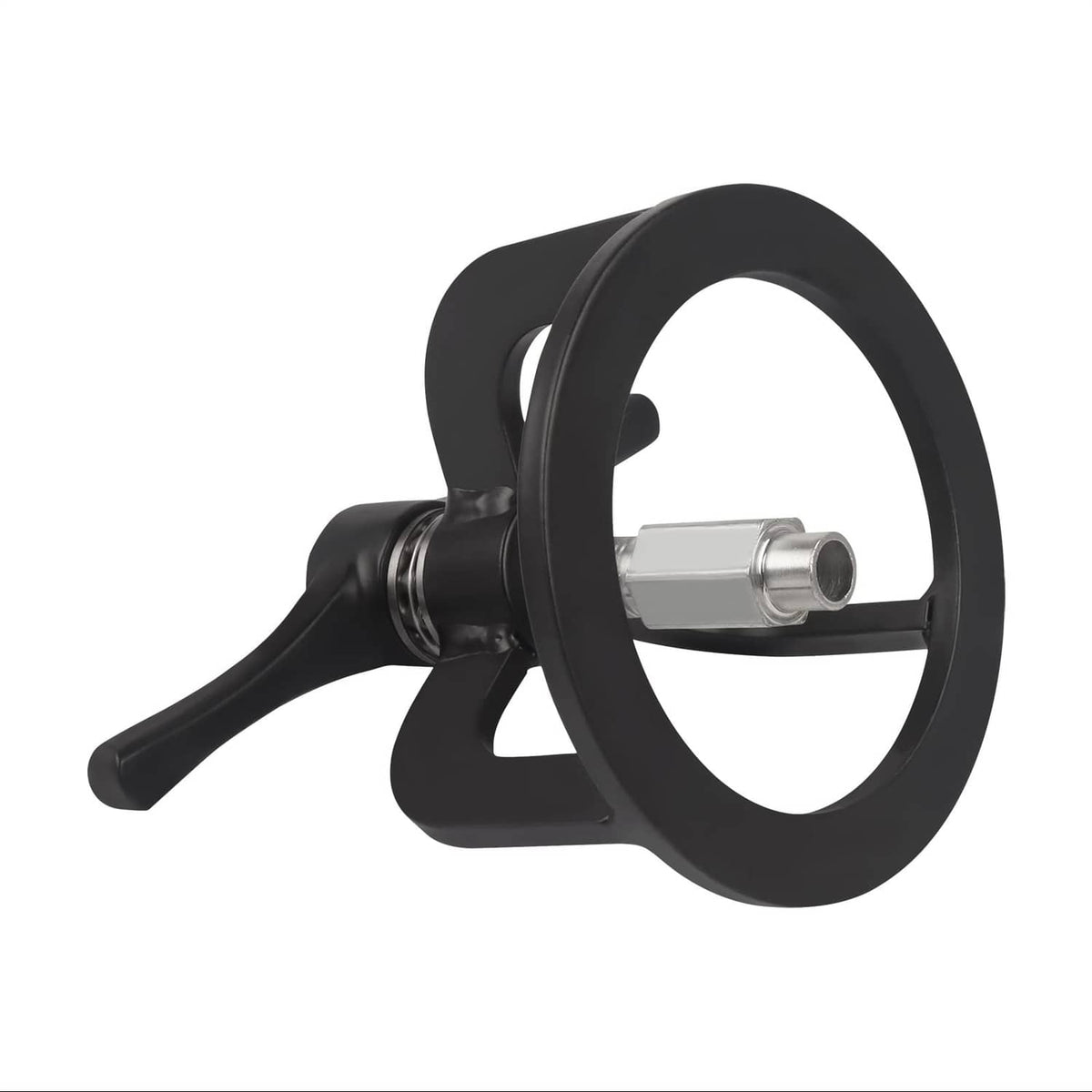 Black spring compressor tool with wide circular base and handle bar, angled view