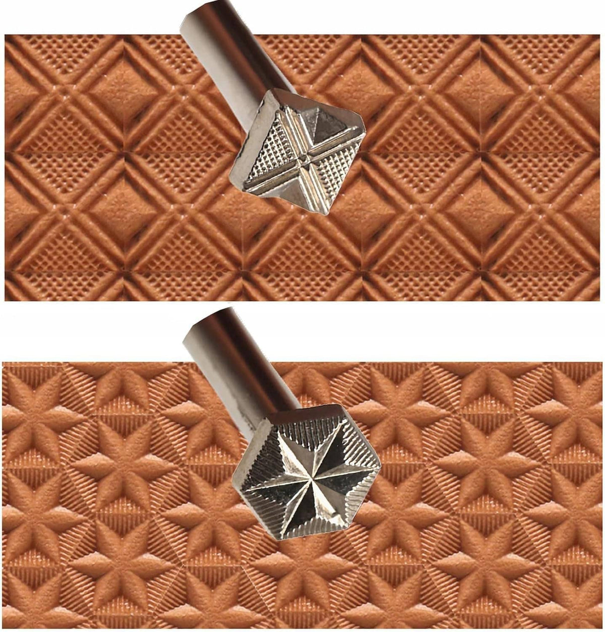 Leather stamping tool with metal head and patterned star-geometry imprint, brown handle