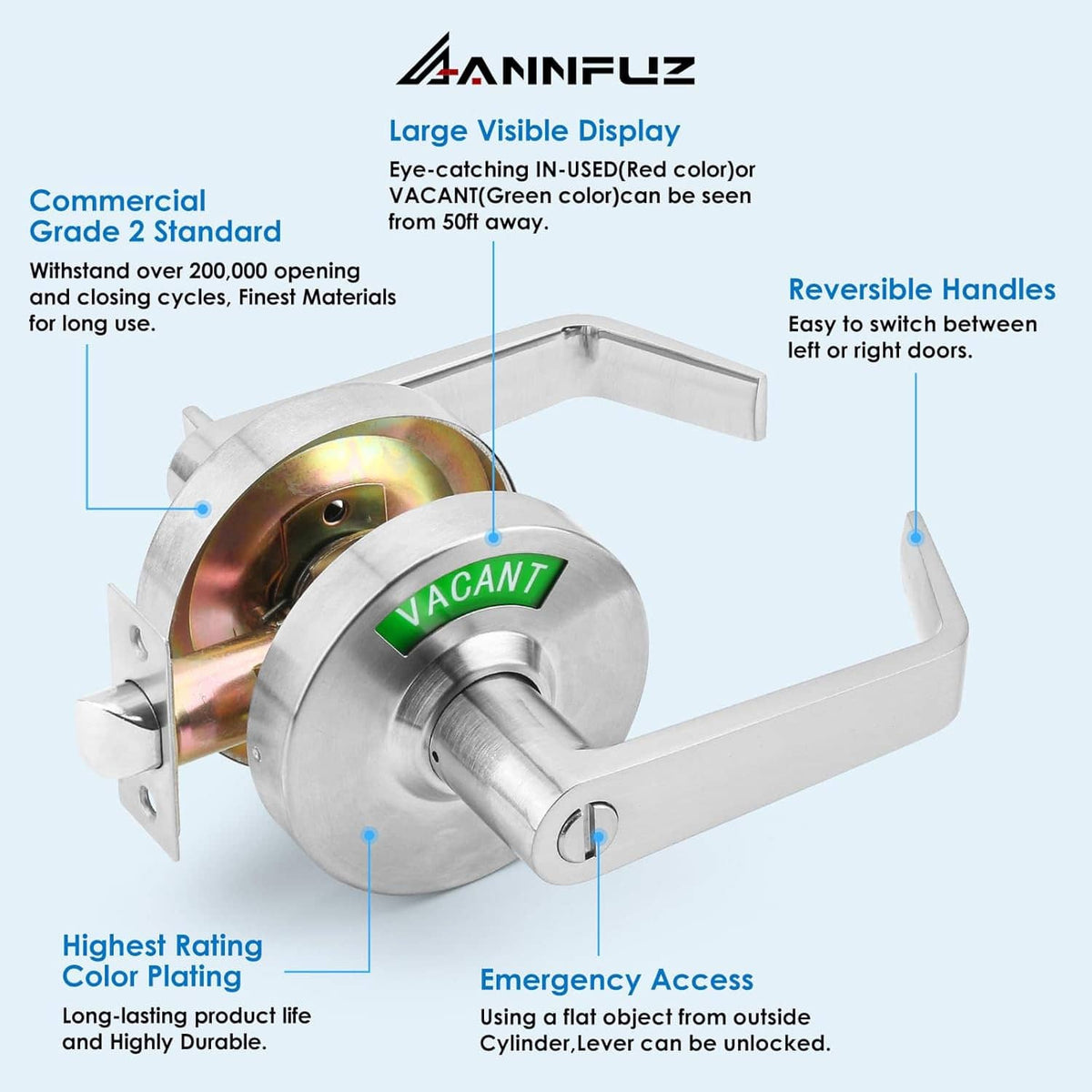 Privacy door lock with large VACANT indicator, reversible lever handles on cylinder