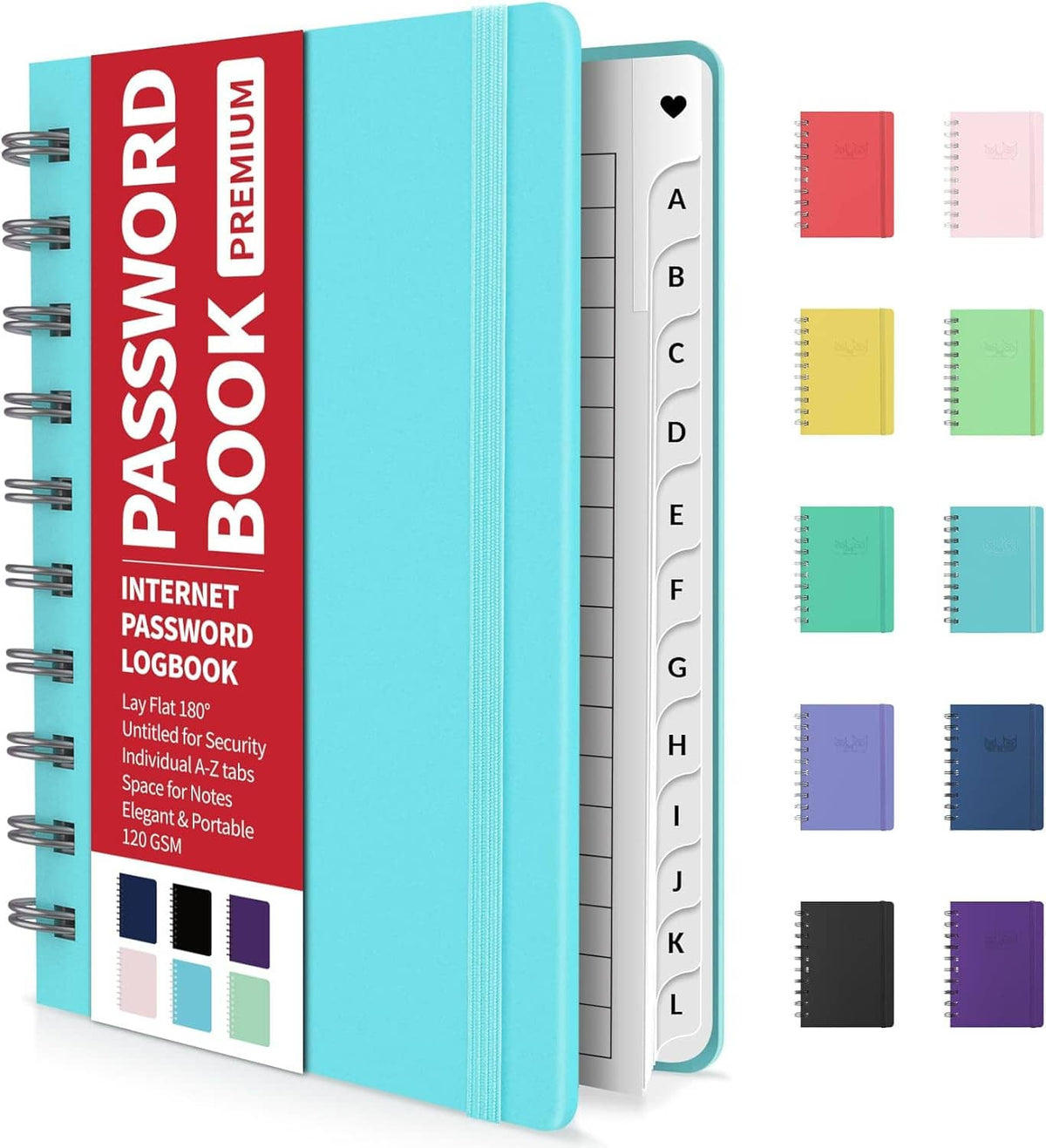 Small password notebook in teal with A–L tabs; shows multiple color tab covers