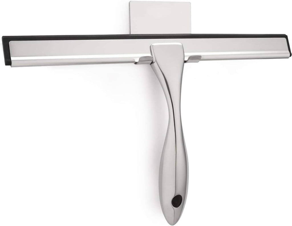 Glass shower squeegee with silver handle and black rubber blade