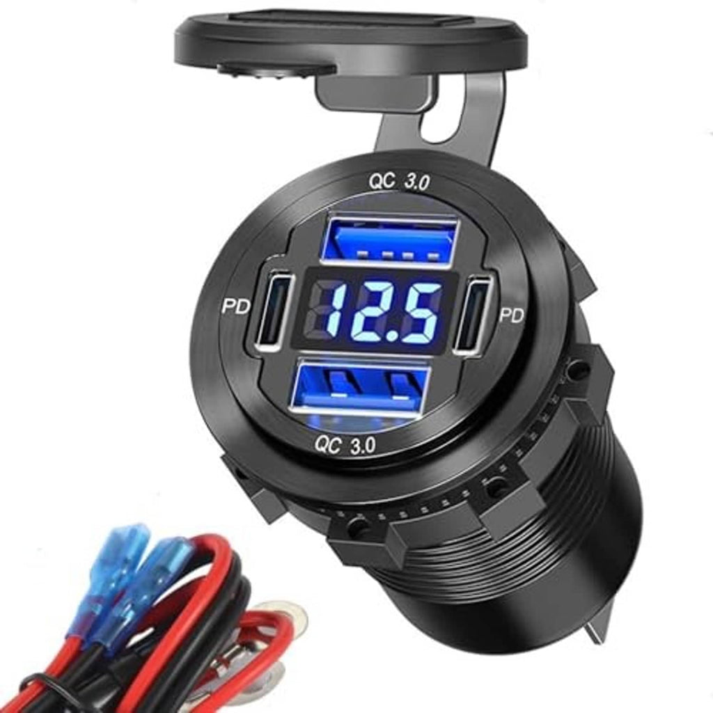 Dual USB car charger socket with blue LED voltage display, angled front view