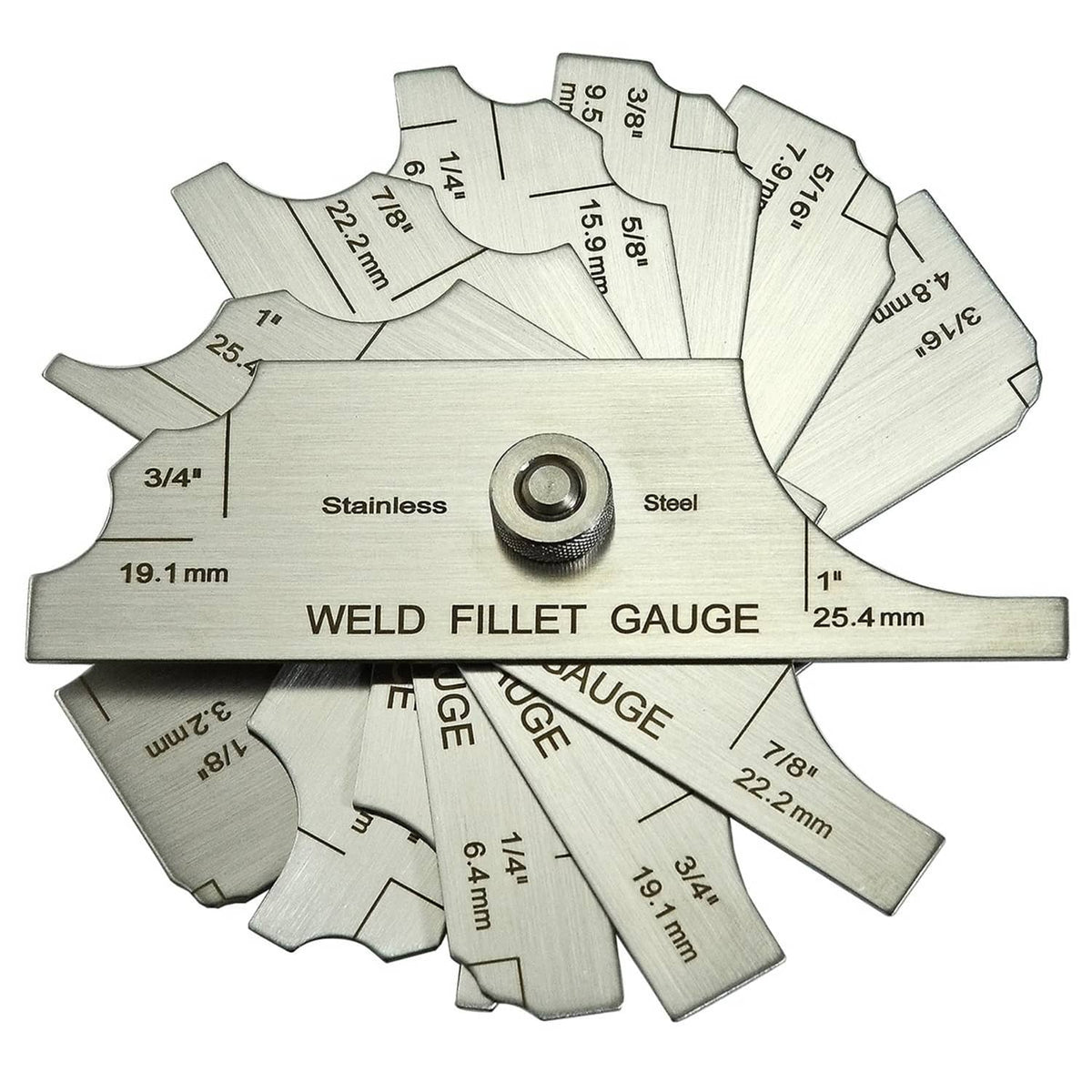 Silver stainless weld fillet gauge with pivot and engraved size markings